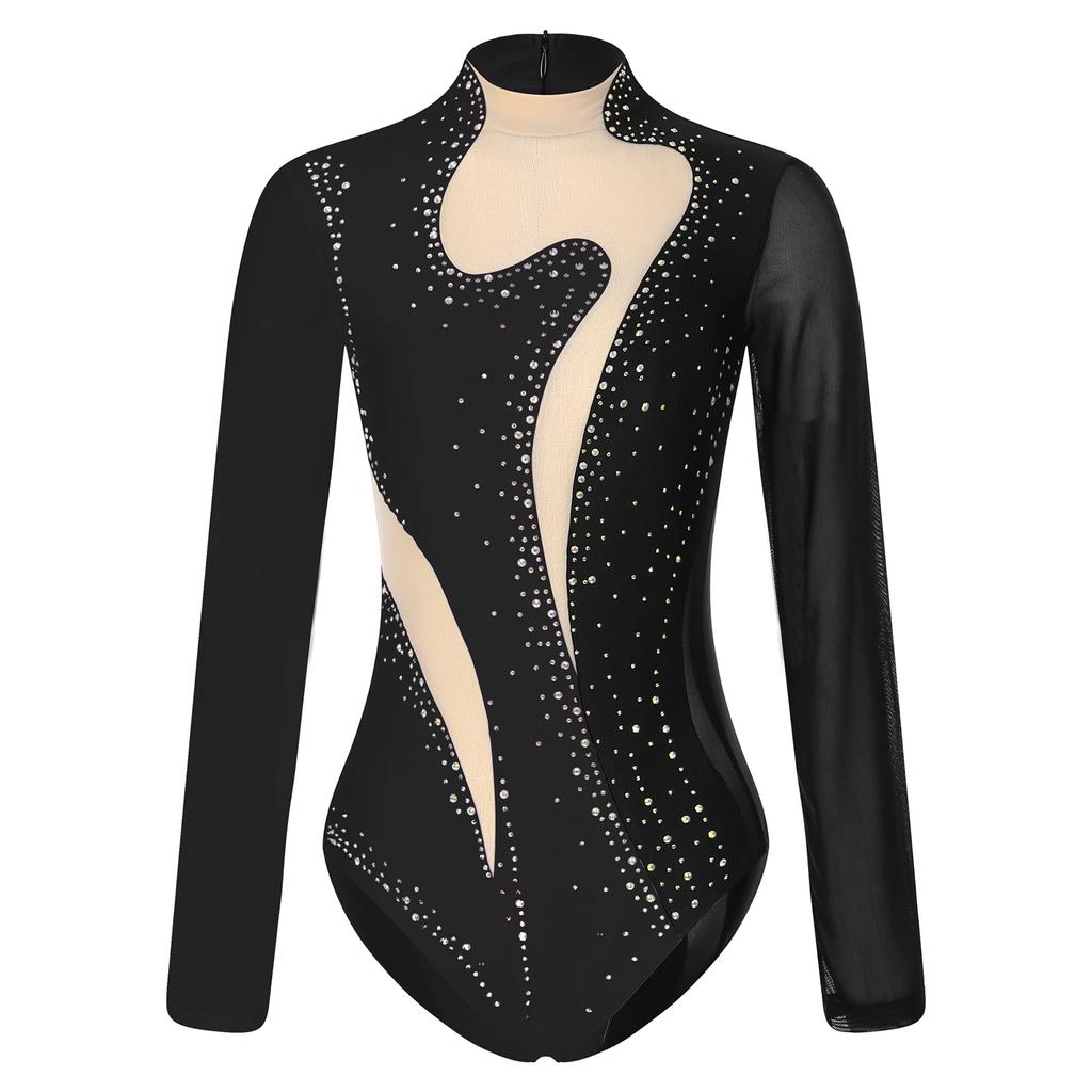 Women Long Sleeve Rhinestones Mesh Gymnastics Leotard Bodysuit Ice Skating Jumpsuit