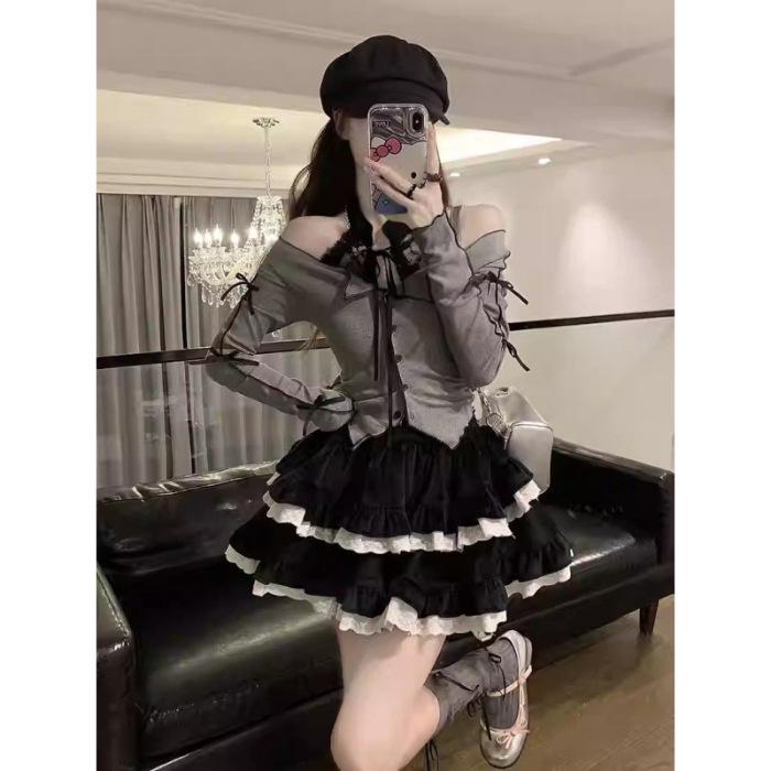 French Chic Lace Bowknot Halterneck Long-Sleeve Top for Women