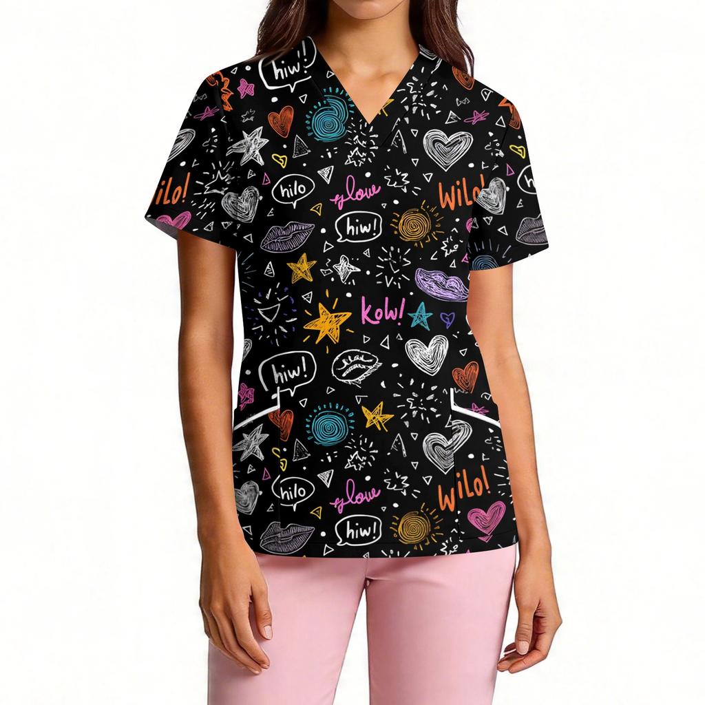 Top da Lavoro da Donna con Scollo a V a Maniche Corte e Tasche, Stampa Cartoon, Camice Medico Leggero e Comodo per Professionisti Sanitari