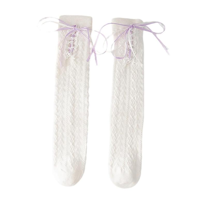 

Kids Girls Knee High Socks Cotton Boot Socks Long Tube Socks School Uniform Socks Sweet Bows Tie On Calf Socks Gifts фиолетовый
