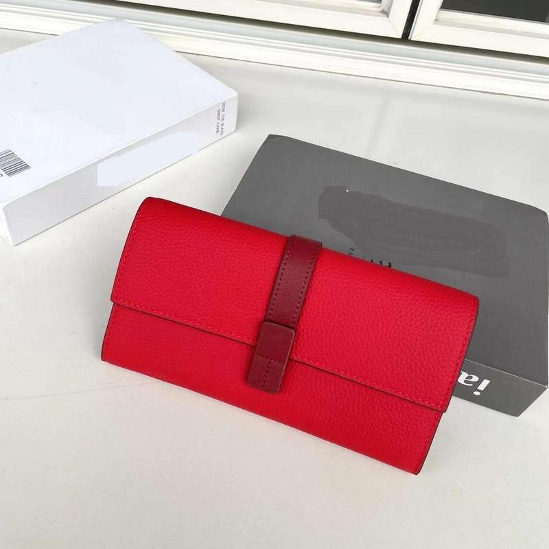 New Genuine Leather Women's Wallet Top Layer Cowhide Lychee Pattern Drawstring Contrasting Color Long Three Fold Bag