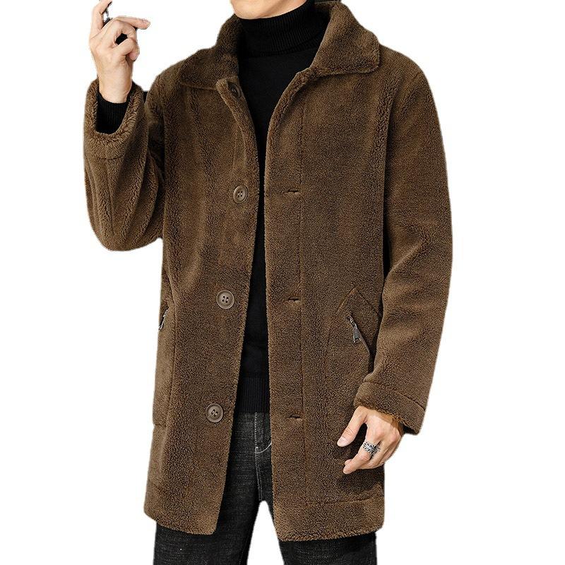 Lapel Thickened Double Sided Pellet Fleece Coat for Men's Winter New Youth Mid Length Coat