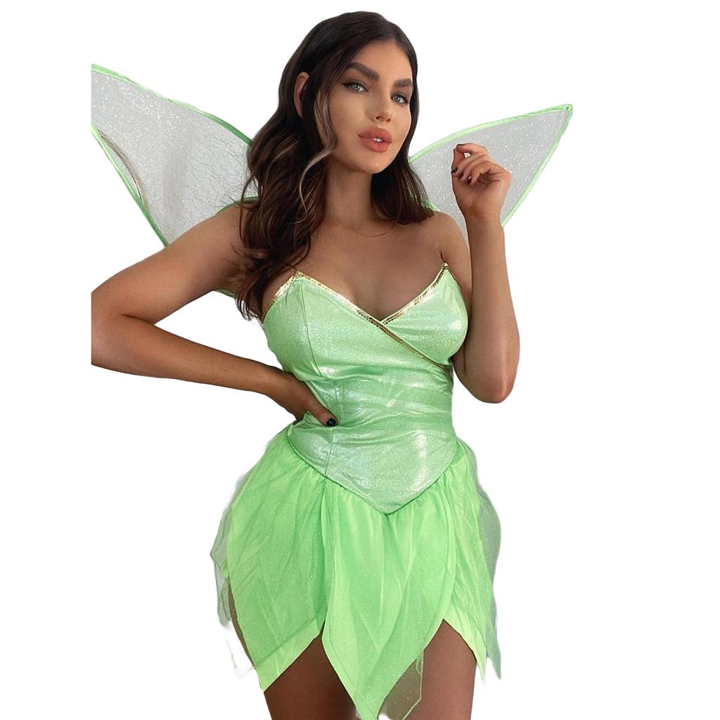 Ladies Halloween Forest Fairy Costume Sexy Solid Color Sequin Tube Tops Short Dress with Wings