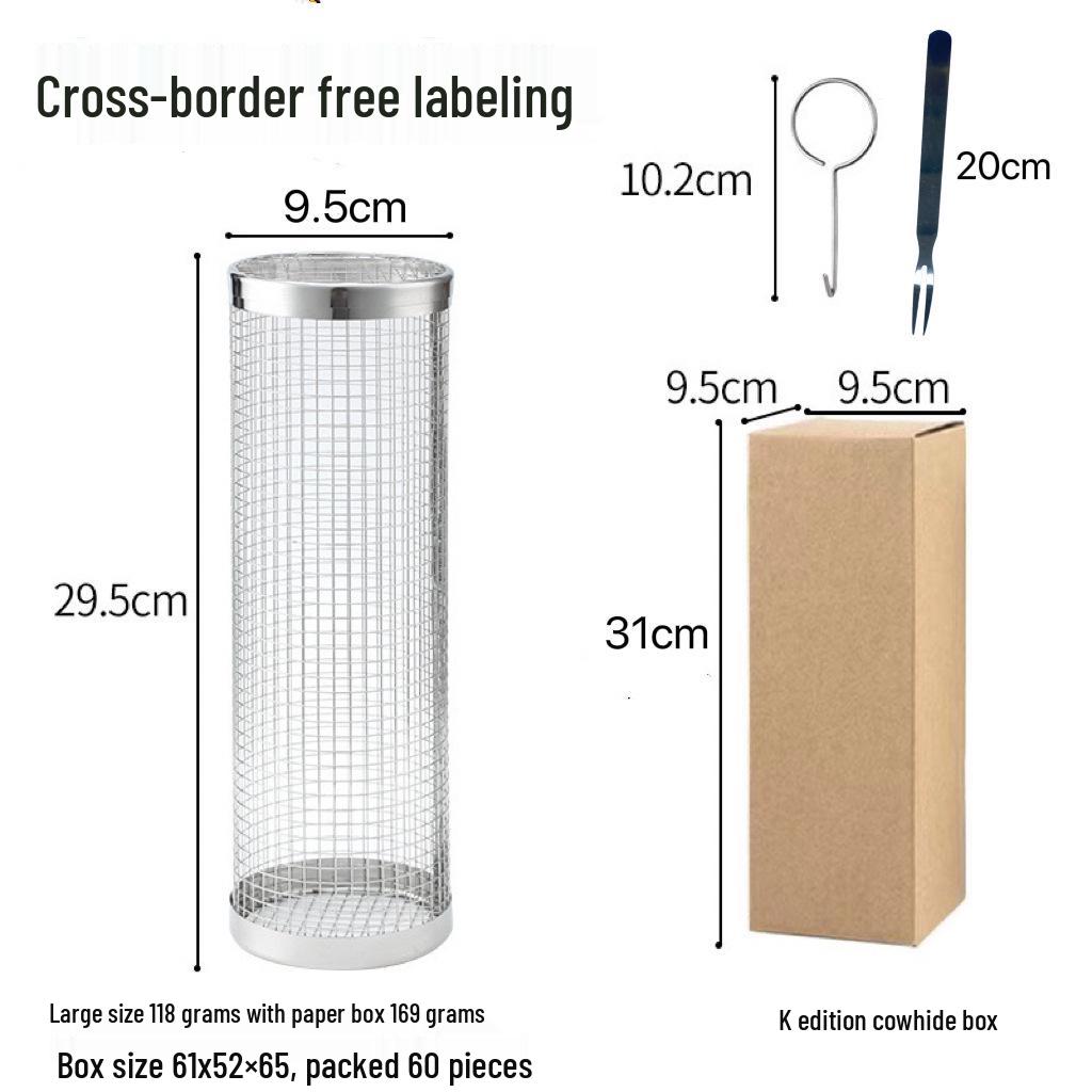 Rolling BBQ Cage: Outdoor Grill Basket with Wooden Handle, 304 Stainless Steel, Non-Infringing BBQ Cylinder Grill Net.