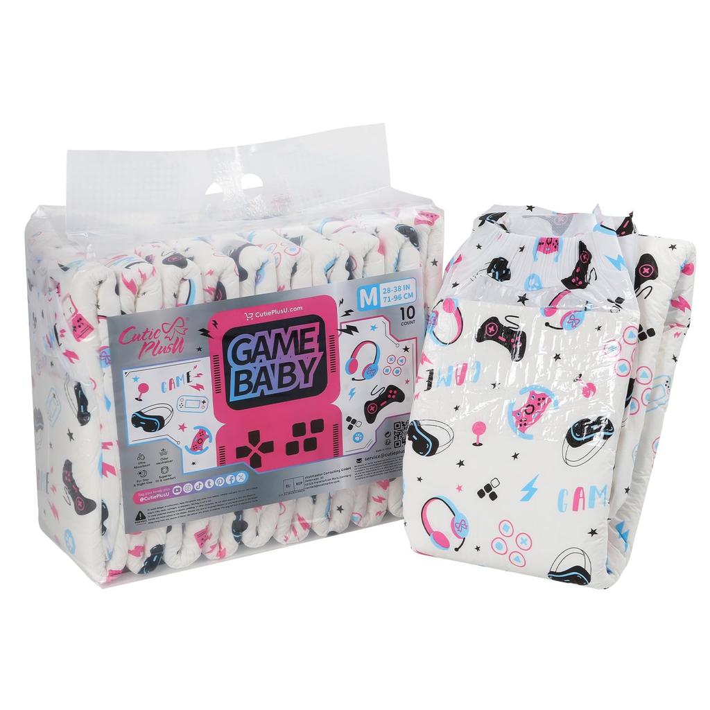 CutiePlusU Adult Diaper Set Unisex Incontinence Pants with Maximum Nighttime Absorbency Game Heaven (10-Count), Labels, - (Large, 95-120cm)