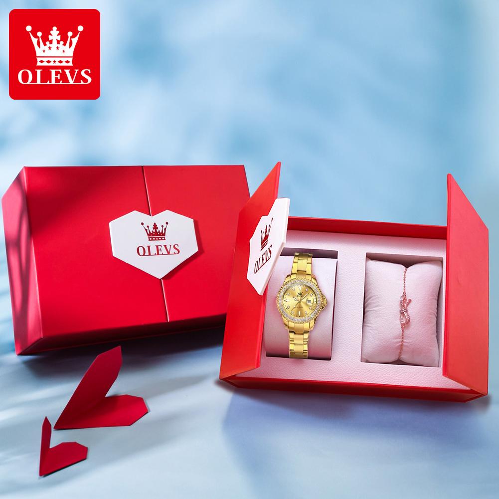 OLEVS Original Elegant Quartz Watch Waterproof Stainless Steel Womens WatchDate Ladies Watch Bracelet Set Box Gifts 9945