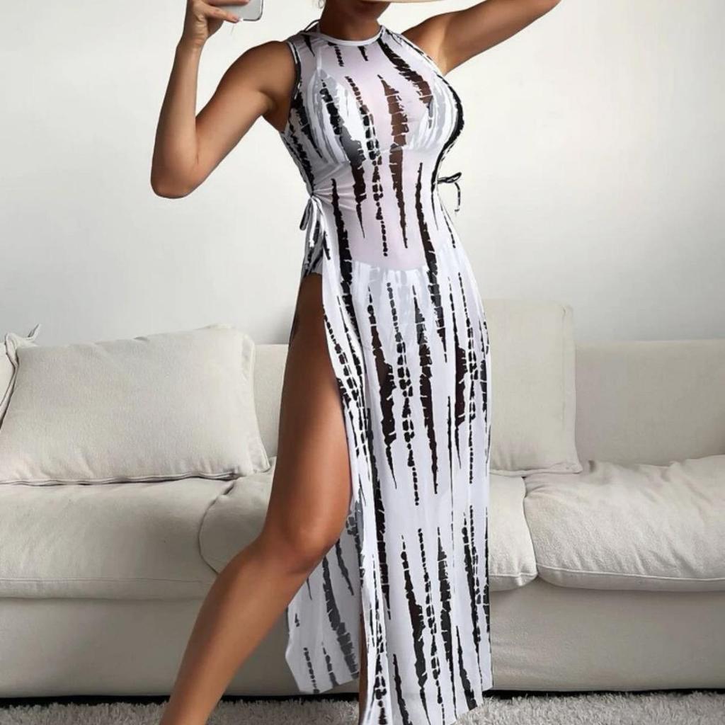 European & American Sexy Three-Piece Set: Long Mesh Dress & Print Bikini Swimsuit