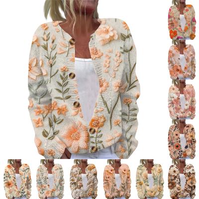 Women's Casual Fashion Retro Floral Print Long Sleeve Top Cardigan Button Jacket