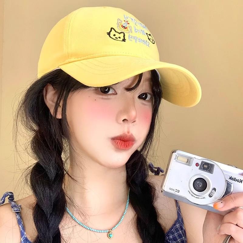 Cat Letter Embroidered Baseball Hat for Women In Spring and Summer Wide Hat Big Brim Big Face Showing Small Duckling Cap Big Head Sun Hat