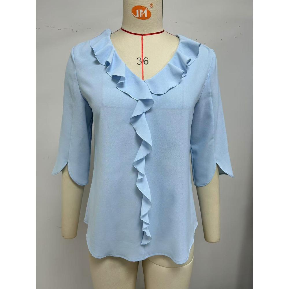 Women's V‑Neck Ruffled Trim 3/4 Split Sleeve Blouse Regular Fit Casual Solid Polyester Chiffon Top
