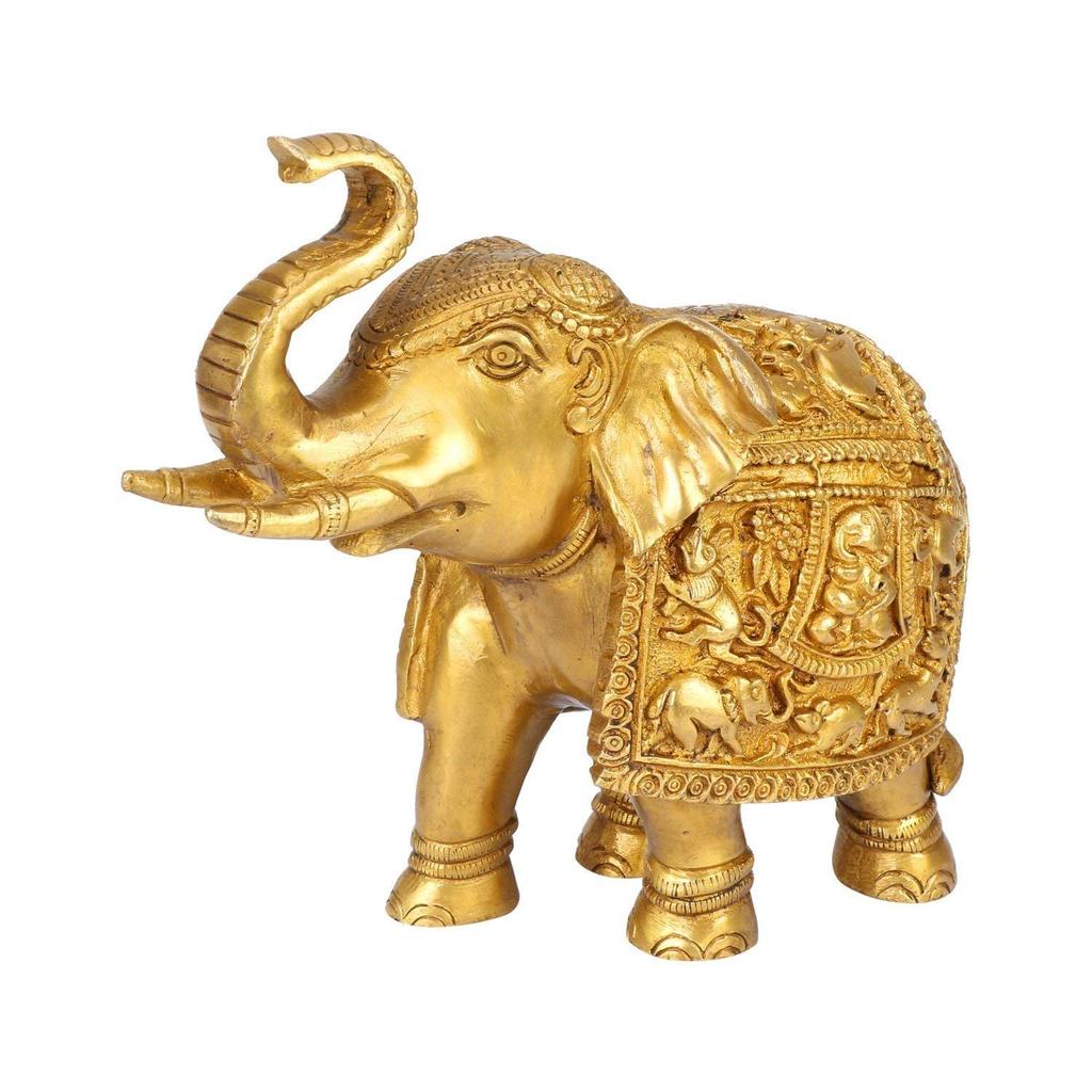 Statuetă Elefant Fengshui Vastu Hathi din Alamă Gravată Originală, Aurie - 3,1 Inch
