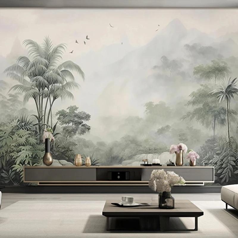 Carta da Parati Piante Verdi Tropicali Alberi di Cocco Murale 3D Carta da Parati Uccelli di Montagna Ristorante Locali Bar Murales Moderni