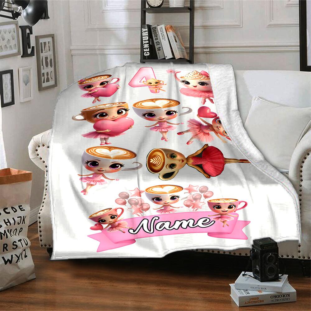 Cute Tea Cup Ballerina Characters Design Art Lightweight Personalized Blanket Personalized Text Comfortable Texture Versatile For Sofa Couch Office