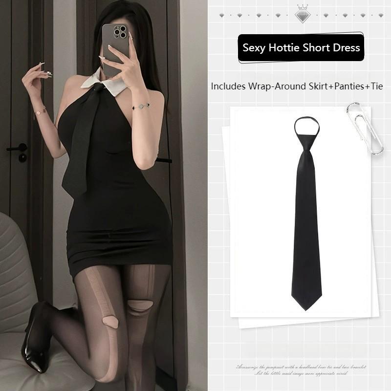 Erotic New French Style Sexy Lapel Backless Secretary Uniform Women Pure Desire Cinching Waist Slim Wrap Hip Short Dress