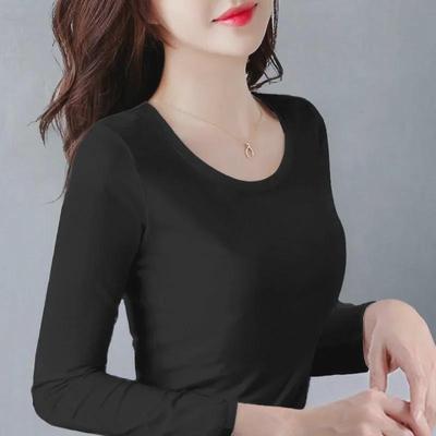 Damen-T-Shirt im koreanischen Slim Fit mit langen Ärmeln und Rundhalsausschnitt, einfarbig, perfekt für Frühling und Herbst.
