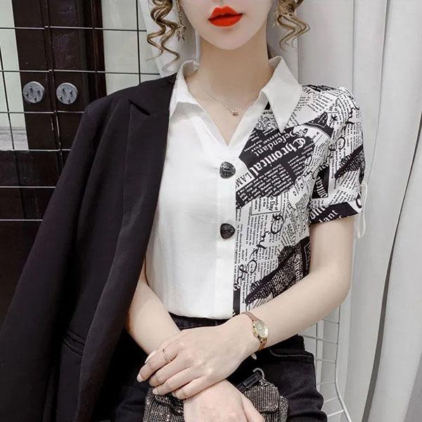 Koszula szyfonowa w kontrastowych kolorach damska letnia z krótkim rękawem asymetryczny design zmysł wyszczuplający temperament styl zachodni top fala