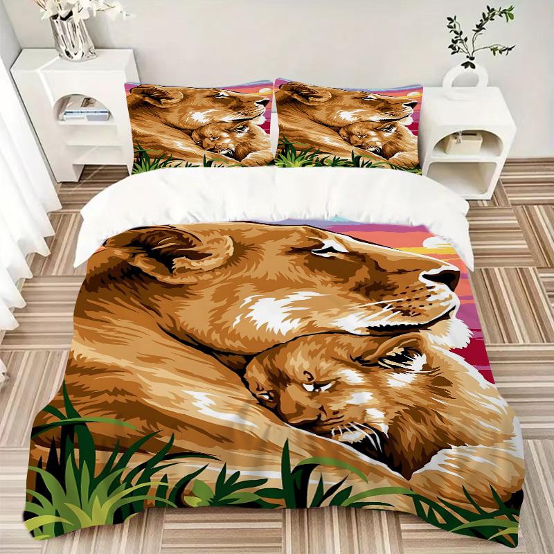3pcs Lioness, Cub Duvet Cover Set -Includes 1 Duvet Cover and 2 Pillowcases, No Quilt Core, All-Season Home Decor yy251111161