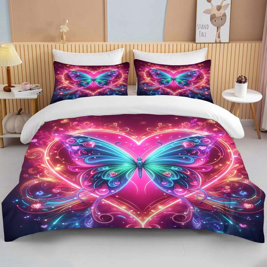 Neon Romantic Butterfly Roses Print Bedding Set Duvet Cover 1 Duvet Cover 2 Pillowcases Adult and Children Bedding Set Luxury