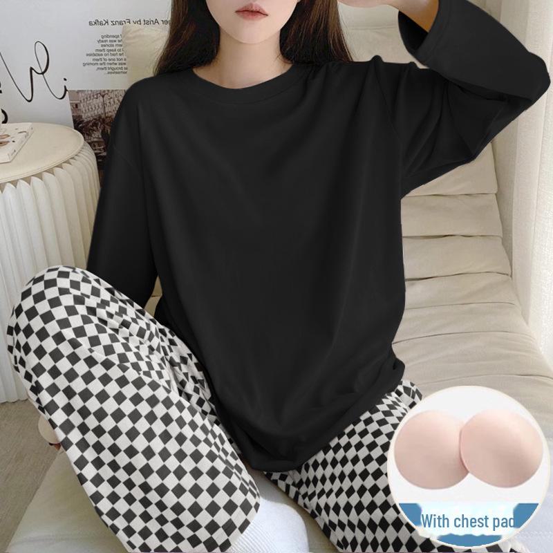 Women's Milk Silk Checkerboard Pajama Set - Round Neck, Long-Sleeve, Self-Contained Breast Pads for Spring and Autumn