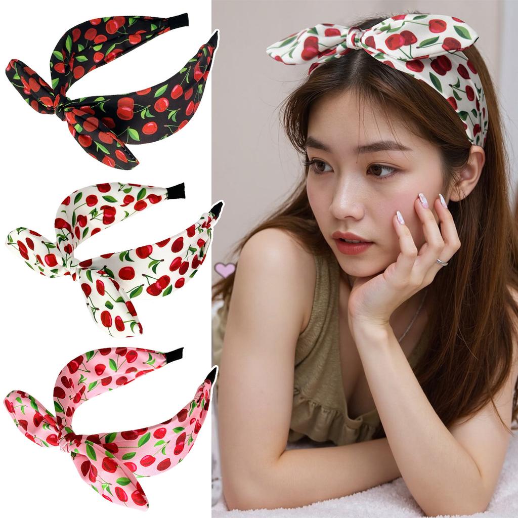 Sweet Cherry Print Knotted Headband Soft Fabric Bow Hairband for Women Cute Fruit Pattern Hair Accessory for Daily Makeup