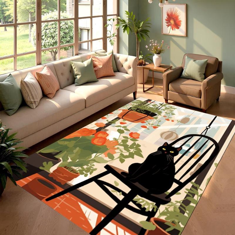 Tappeto con Fantasia Gatti Carini Stile Ins Tappeto Colorato con Stampa Gatti e Piante Decorazione Moderna per la Casa Tappetino Antiscivolo per Soggiorno Camera da Letto