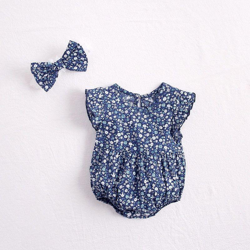INS Summer Sleeveless Triangle Rompers Baby Girl Floral Flounced Sleeve Romper 6 Baby Cotton Thin Jumpsuit with Hair Band