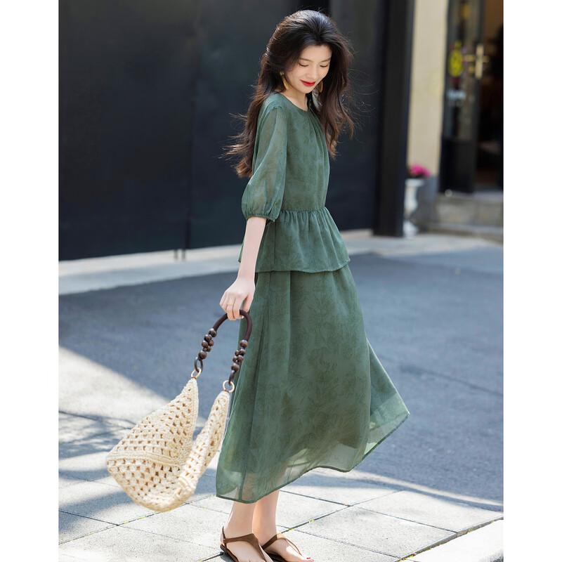 DEMANA Vintage Print Faux Two-Piece Ruffle Midi Dress L