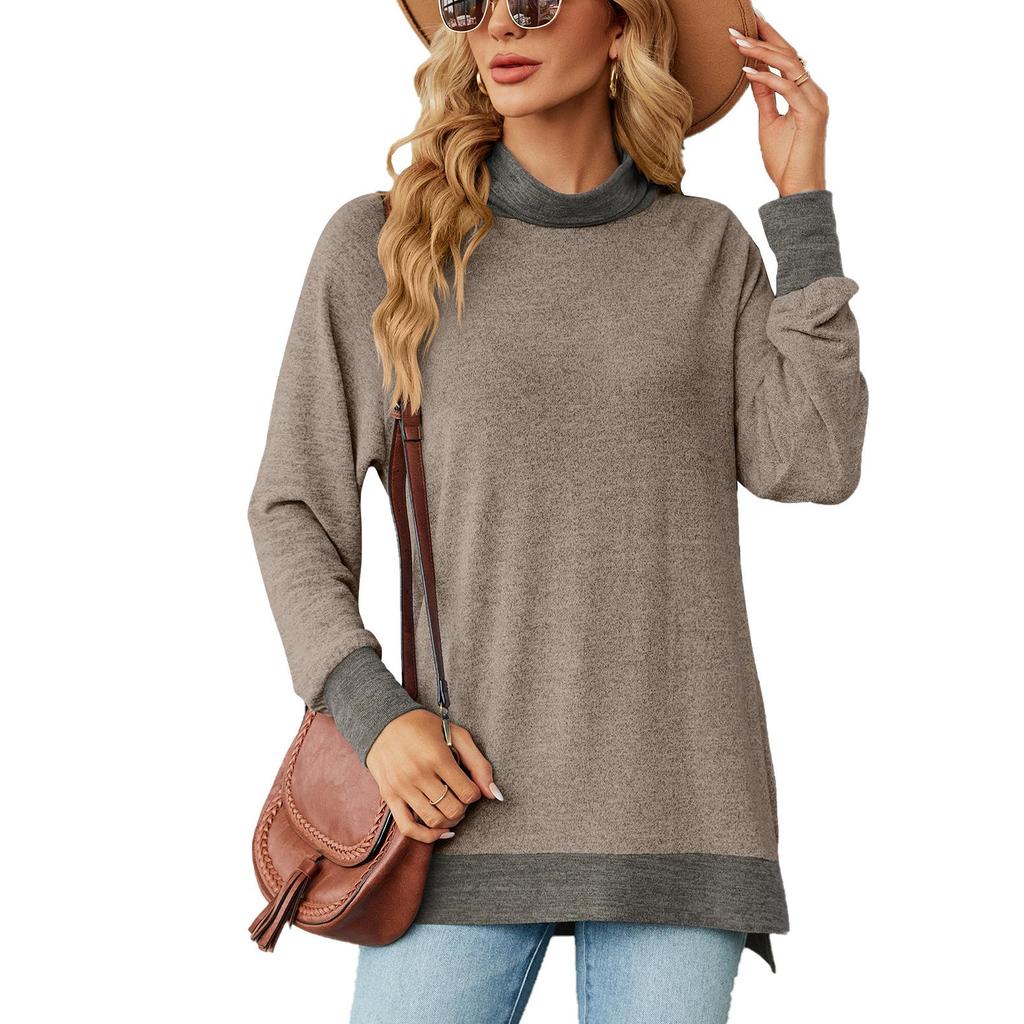Women's Shirt Color Contrast Long Sleeve on The Shirt with Neck Loose Long Sleeve Slit T-shirt Top for Women Autumn and Winter