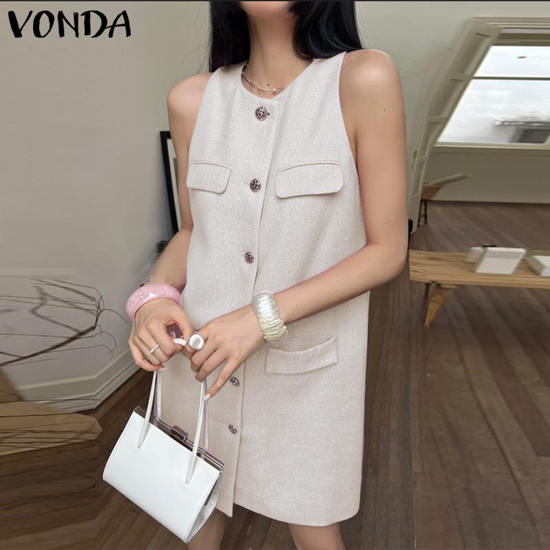 

VONDA Летнее женское короткое платье без рукавов на пуговицах