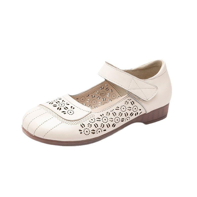 Summer middle-aged sandals shallow mouth breathable leather flat heel soft sole mother shoes Velcro casual hollow sandals women