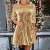 Frühling und Herbst Damen Kleid einfarbig Rundhals Langarm Perlen Patchwork A-Linie Kleider
