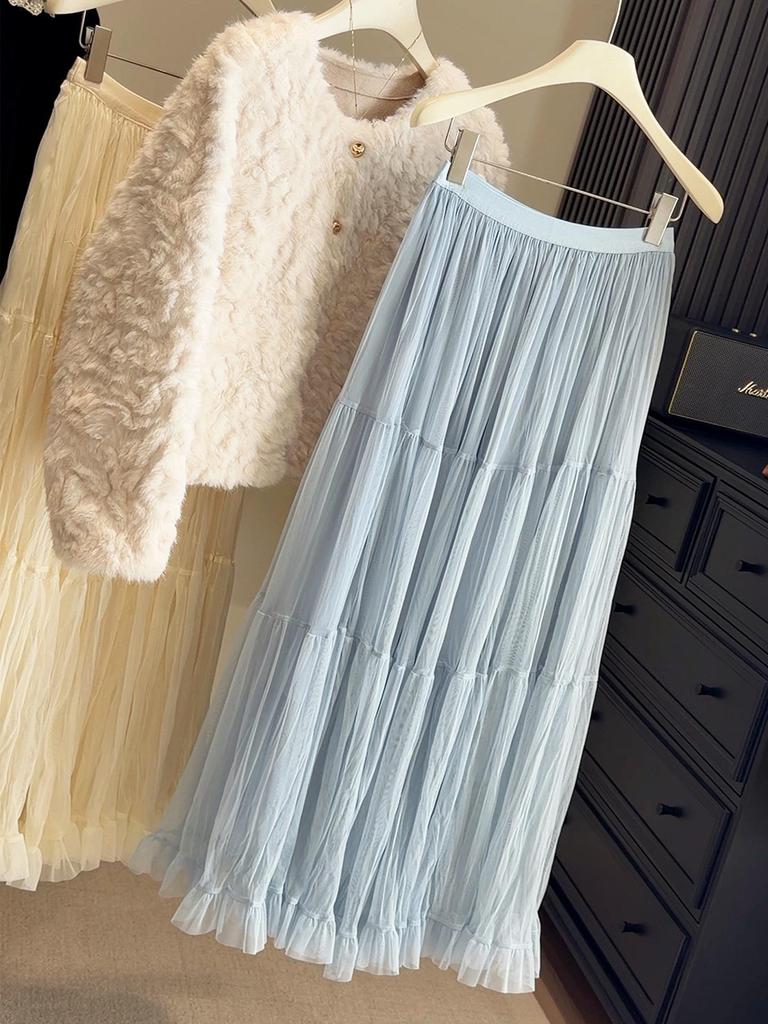 Korean-Style Pleated Elastic Waist Skirt - Women's Spring/Autumn, Slim Fit, Large Hem
