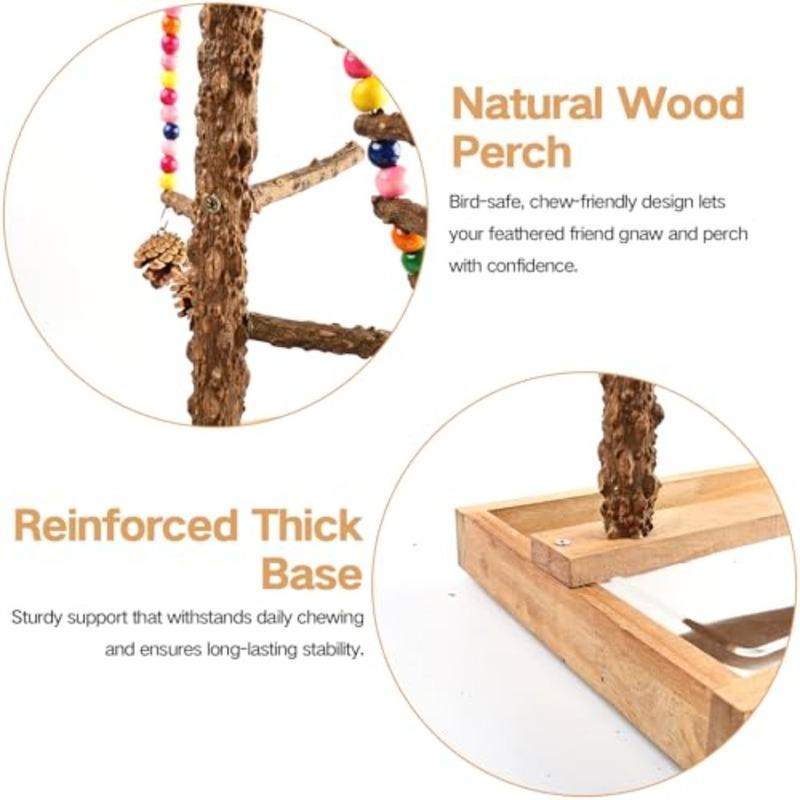 Bird Perch Play Stand Playground, Conure Parakeets Parrots Cockatiel Toys, for Bird Cage Accessories, Natural Wood