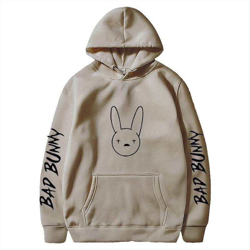 Bad Bunny Print Fleece Hoodie Unisex Casual Pullover Streetwear Customizable Sweatshirt