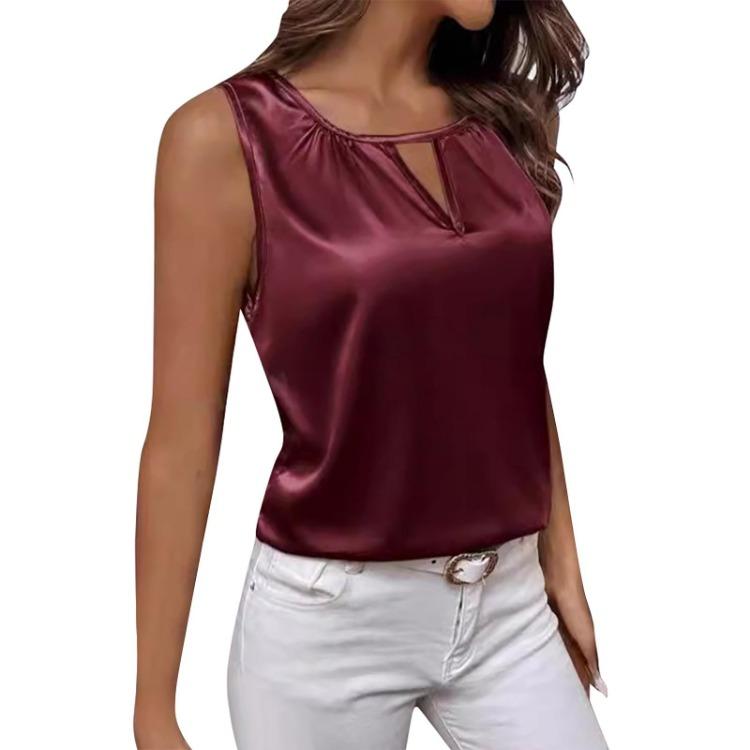 

Women s Sleeveless Satin Pleated Hollow Vest T-shirt Sexy Fashionable Top S