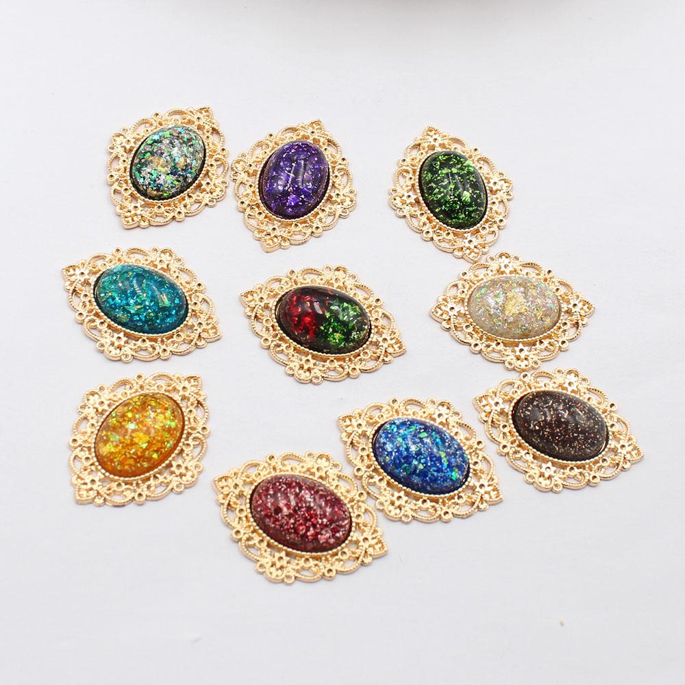 Gold 10 piece set 27 * 33mm flat back oval glitter resin flower plate DIY clothing hair accessories bow flower accessories