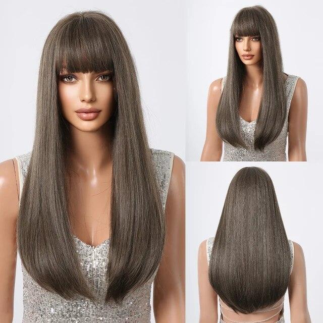 Pelucas Sintéticas Negras Rosadas para Cosplay Pelucas Largas Lisas a Capas con Flequillo para Mujeres Cabello Resistente al Calor