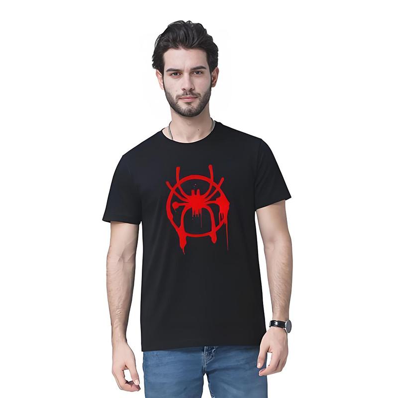 Asian Size Men Black Print T-shirt Spiderman Graffiti No-Cut Heat Transfer Print Cotton Tshirt