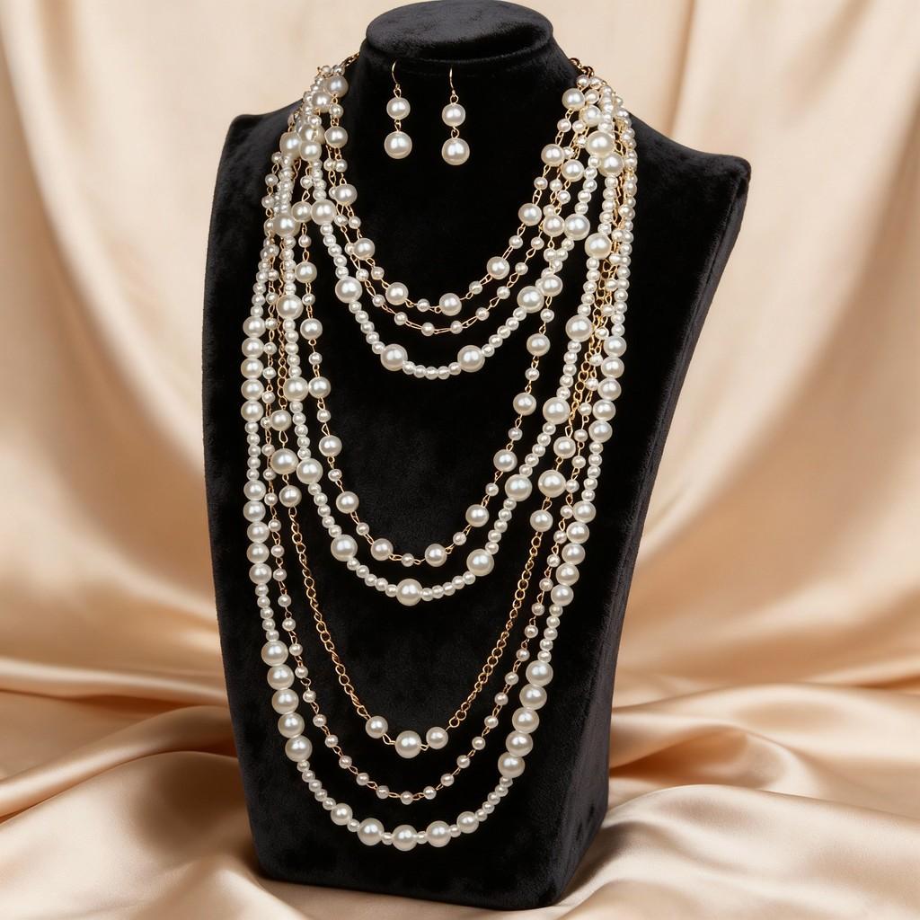European Style Multilayer Pearl Necklace And Earring Set With Geometric Pendant For Women