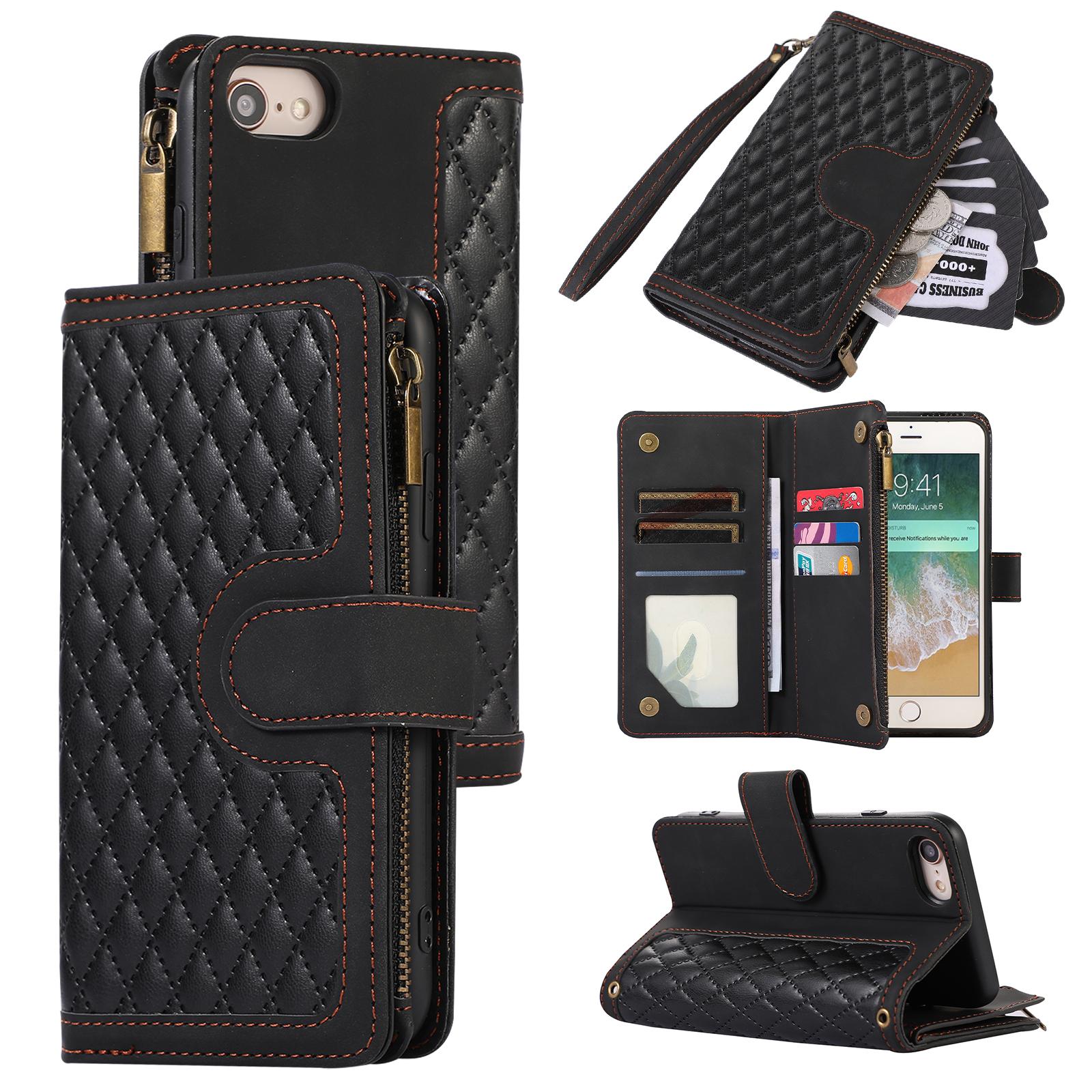 

Чехол для iPhone 16e с 9 отделениями для карт, ромбовидным дизайном, кожаная обложка для телефона с ремешком на запястье Black