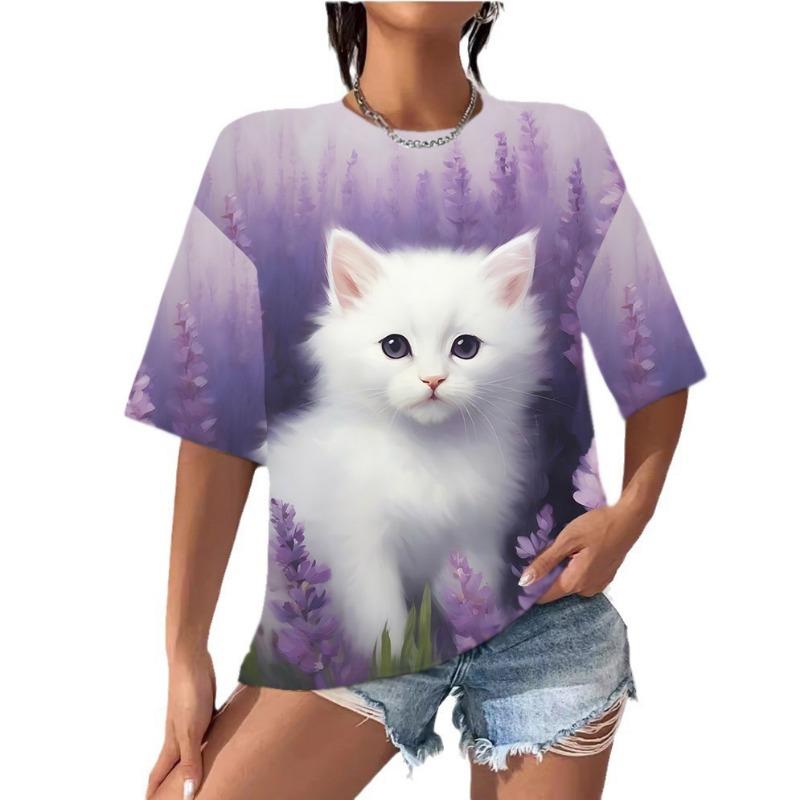 Summer Women's T-shirt with Digital Printing Cute Cat Short Sleeved Round Neck Top T-Shirts Women’s