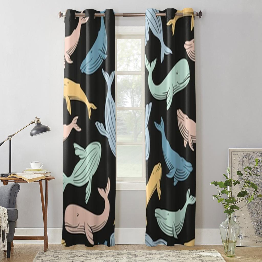 Colorful Whales Window Curtains For Living Room Luxury Bedroom Decor Drapes Kitchen Window Treatments Curtains