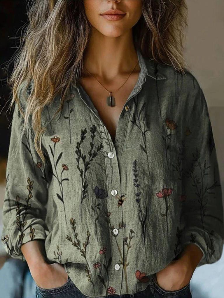 2025 Women's Retro Print Long Sleeve Casual Shirt - Spring/Summer Cotton-Linen Blend