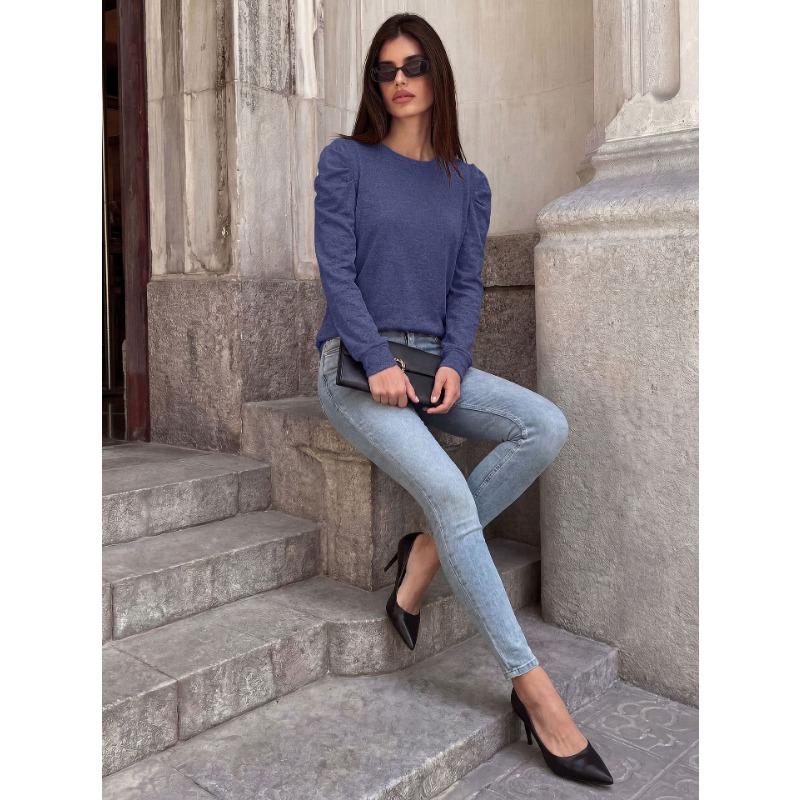 Women Loose Round Neck Pleated Puff Long Sleeve Solid Color T Shirt Top