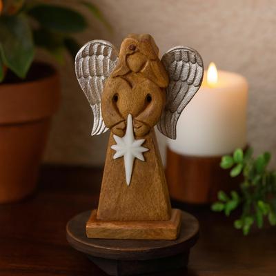 Ángel de Madera de Mango Tallado a Mano con Alas de Metal 30cm