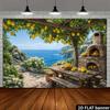 2D flat lemon tree pavilion baking kiln sea view banner background cloth lemon trees hanging with fresh fruits