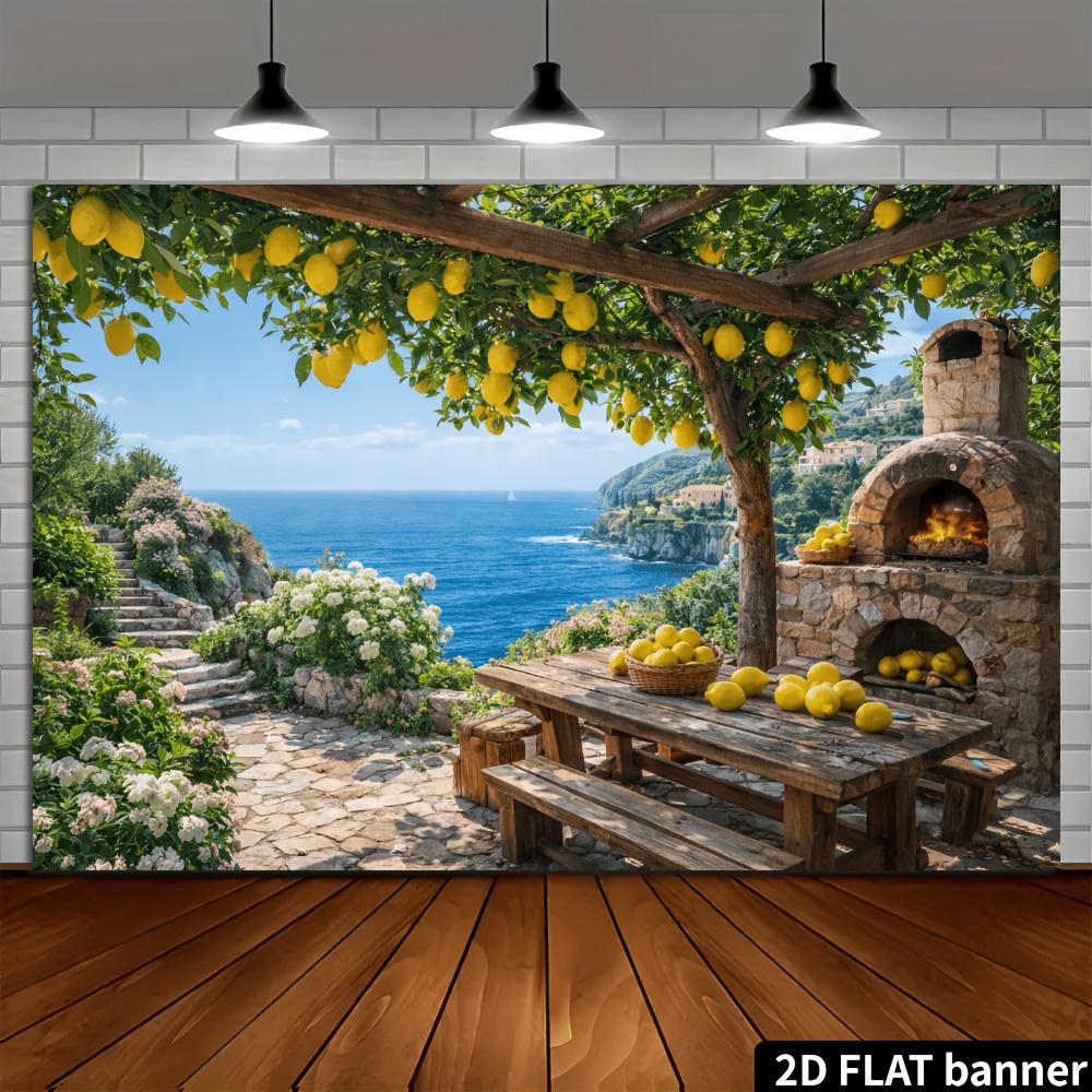 2D flat lemon tree pavilion baking kiln sea view banner background cloth lemon trees hanging with fresh fruits