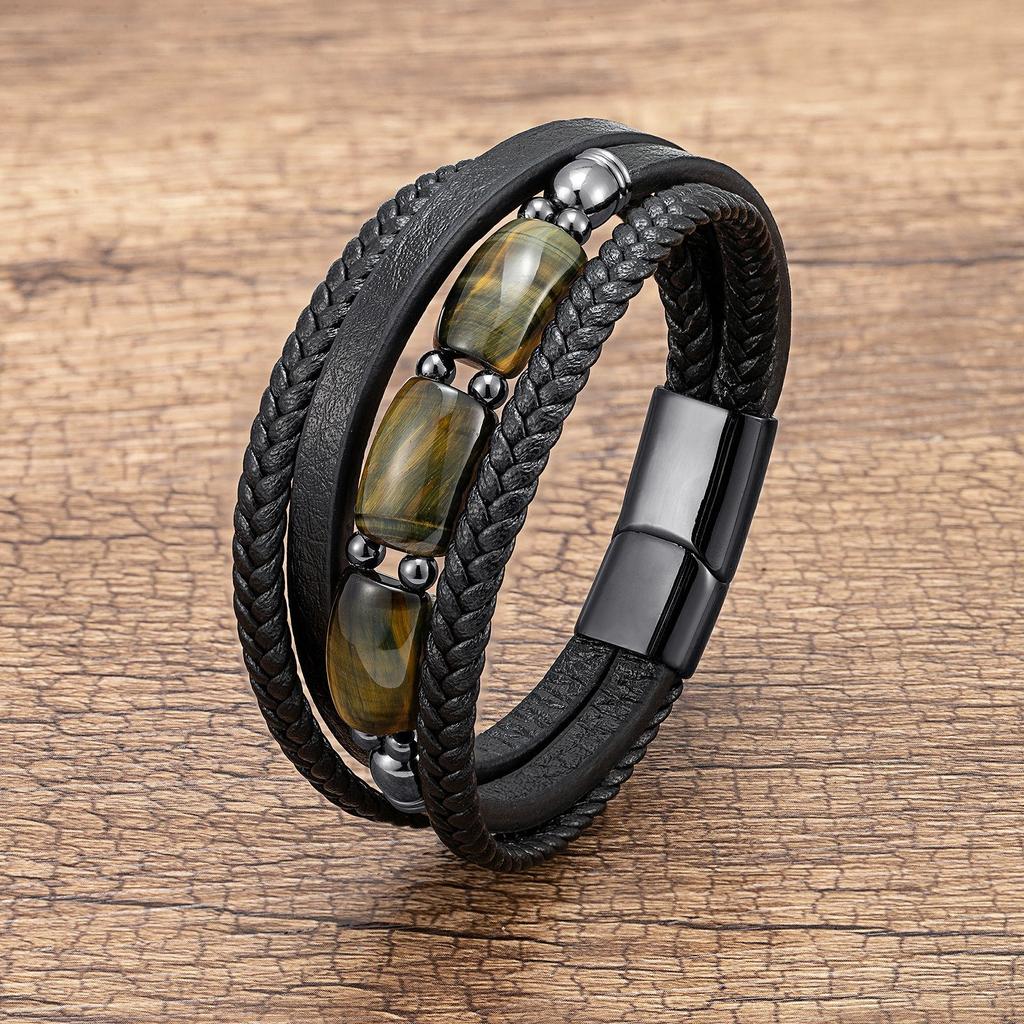 2026 Tiger's Eye Stone Bracelet European and American Men's Woven Leather Multi-layer Hand Rope Retro Jewelry