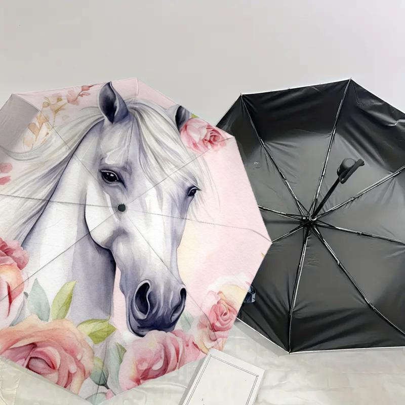 1pc Horse Floral Automatic Folding Umbrella, Heavy Duty 8 Rib Iron Frame,  Suitable for Travel, Daily Use, Birthday, Decor Gift m0104035