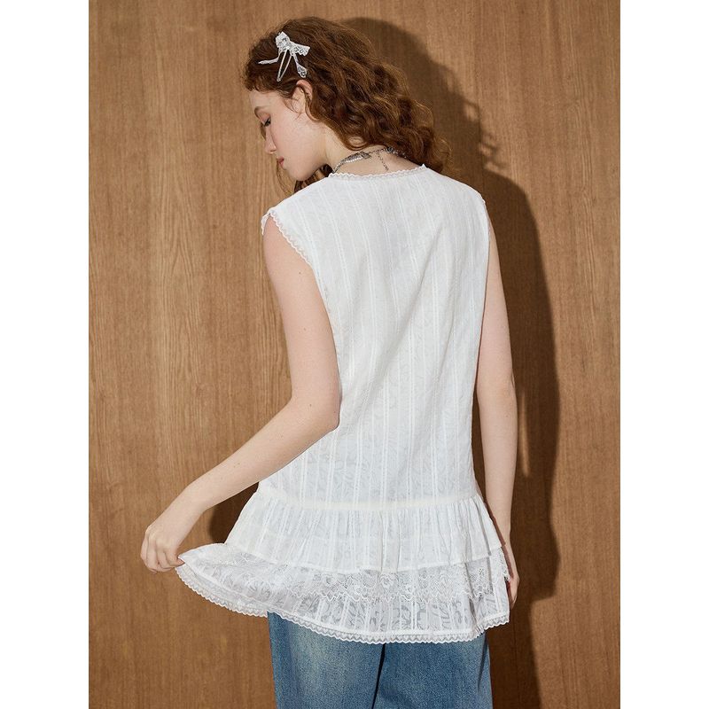 Coolhut French Lace Cake Dress with Lace Hem, Sleeveless V-Neck, Slimming Look, New Summer Women's Vest for Layering